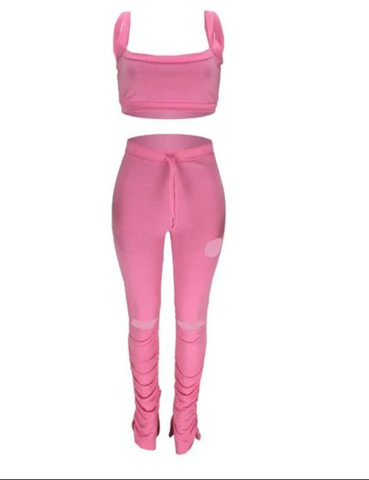 TWO-PIECE SOLID PINK PANTS SET