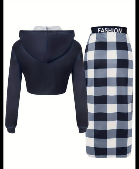 TRENDY HOODED COLLAR LETTER PLAID SKIRT SET