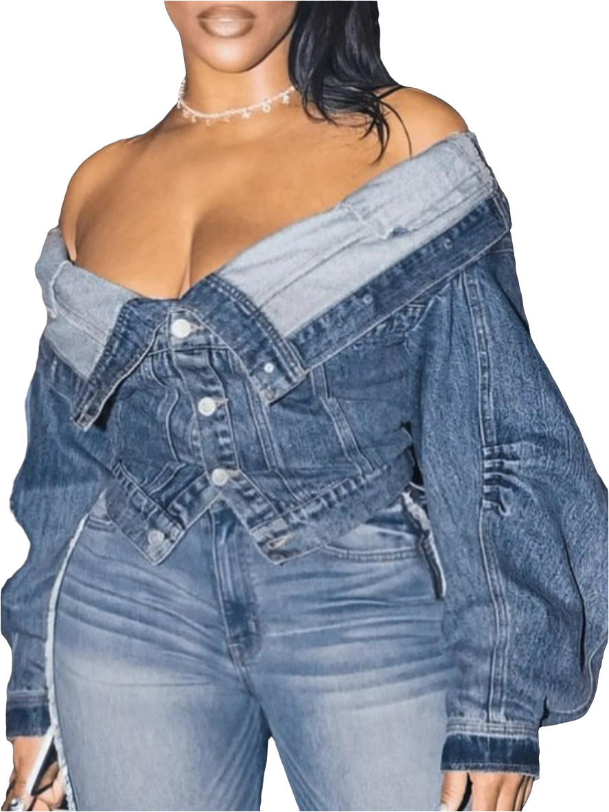 OFF THE SHOULDER POCKET DESIGN DENIM JACKET