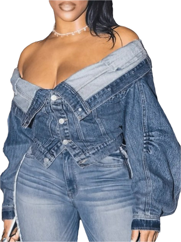 OFF THE SHOULDER POCKET DESIGN DENIM JACKET