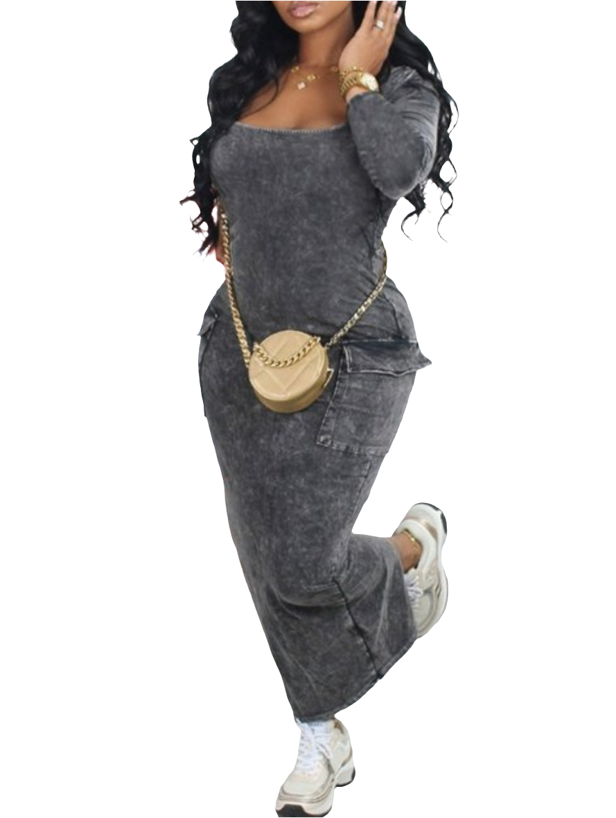 DENIM SIDE POCKET SLIT DRESS