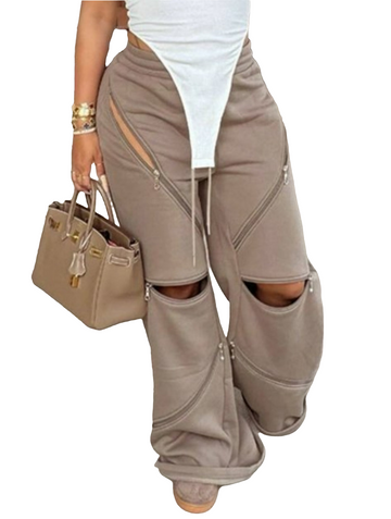 ZIPPER DESIGN SOLID COLOR PANTS