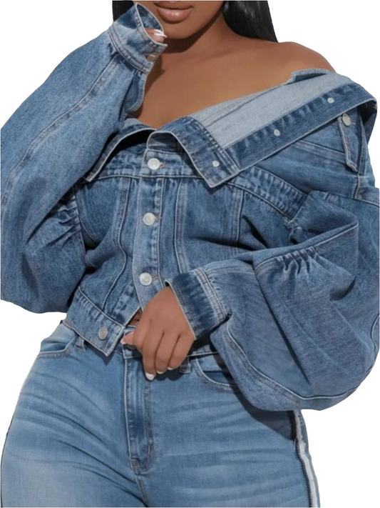 OFF THE SHOULDER POCKET DESIGN DENIM JACKET