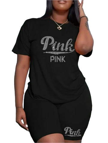 RHINESTONE PINK LETTER PRINT SHORT SET