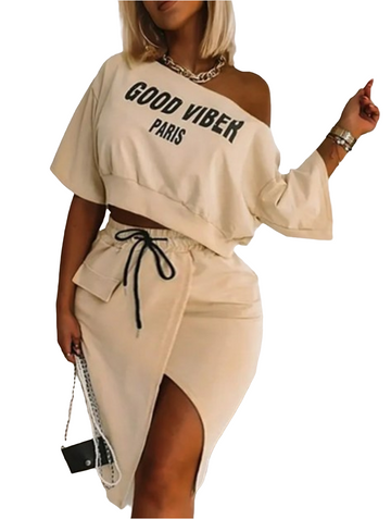 PLUS SIZE ONE SHOULDER LETTER PRINT HIGH SPLIT SKIRT SET