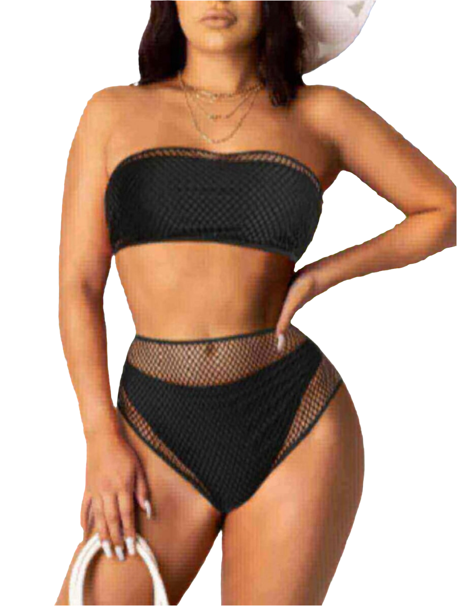 CAUSAL OFF THE SHOULDER SEE-THROUGH PATCHWORK BLACK TWO-PIECE SWIMSUIT