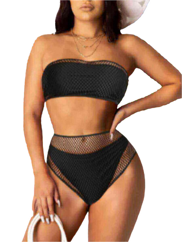 CAUSAL OFF THE SHOULDER SEE-THROUGH PATCHWORK BLACK TWO-PIECE SWIMSUIT