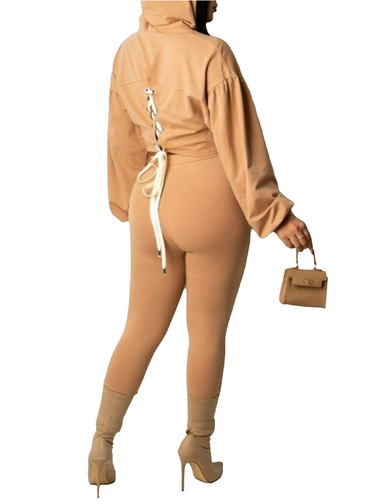 HOODED COLLAR DRAWSTRING LONG SLEEVE TWO-PIECE SET