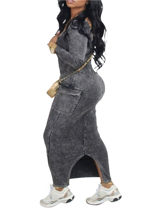 DENIM SIDE POCKET SLIT DRESS