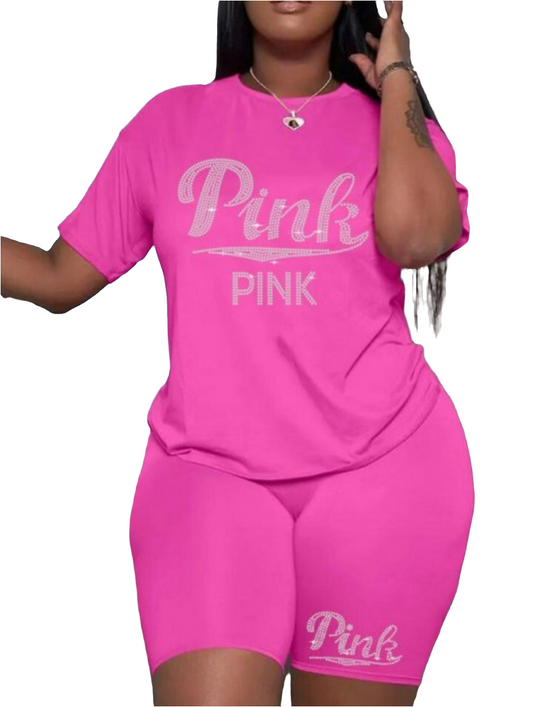 RHINESTONE PINK LETTER PRINT SHORT SET