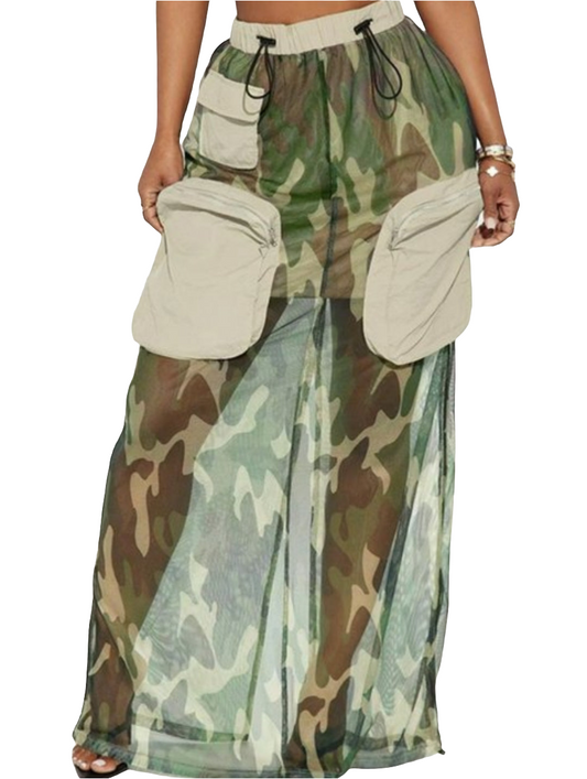 CAMO POCKET DESIGN SEE THOUGH SKIRT