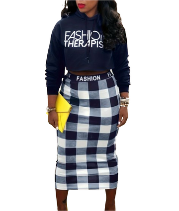 TRENDY HOODED COLLAR LETTER PLAID SKIRT SET