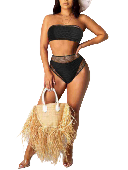 CAUSAL OFF THE SHOULDER SEE-THROUGH PATCHWORK BLACK TWO-PIECE SWIMSUIT