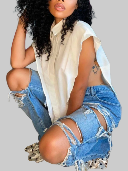 TURNDOWN COLLAR SPLIT BLOUSE